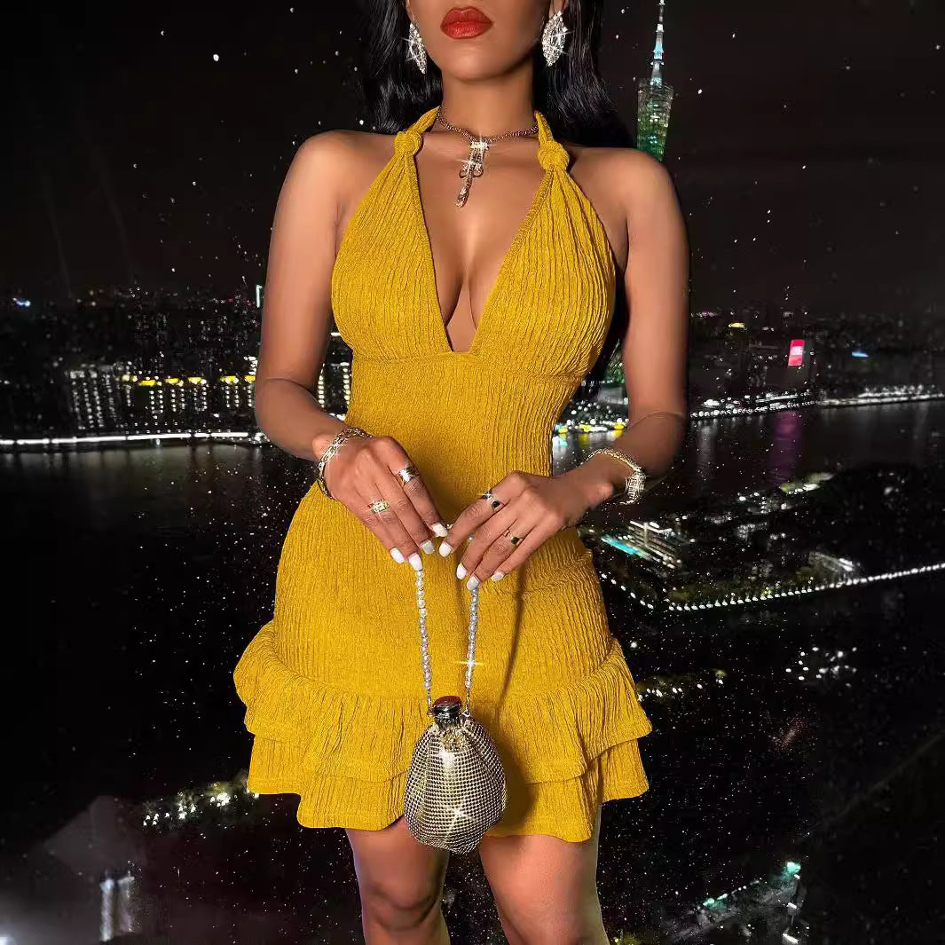 Halter Sexy Low-cut Slim Fit Solid Color Sheath Dress