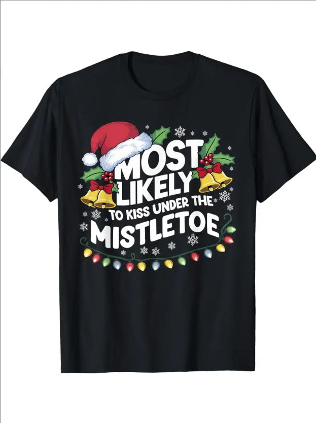 Men'S Christmas T-Shirt - Cotton Crew Neck Tee With Cartoon Mistletoe Print, Casual All-Season Short Sleeve Shirt With Slight Stretch, Applique Detail - Regular Fit