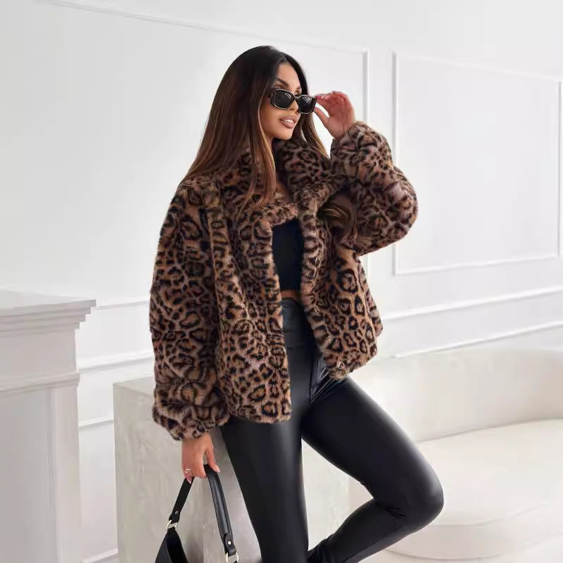Autumn And Winter Fur Leopard Print Lapel Short Coat
