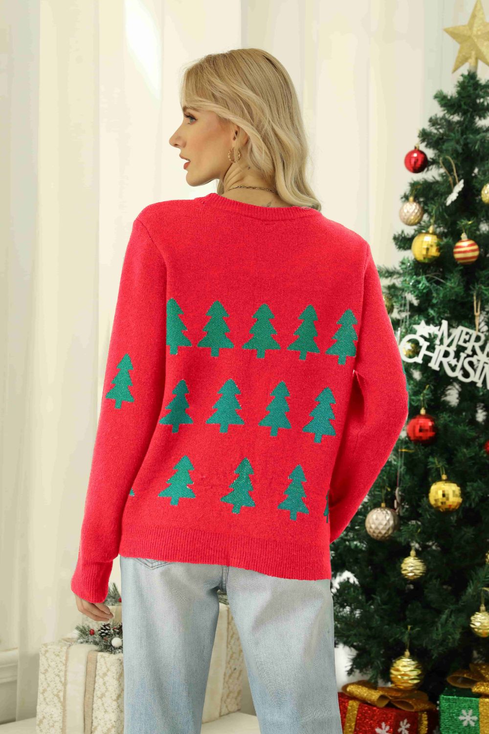 Cozy Christmas tree round neck sweater with ribbed trim, perfect for festive celebrations.