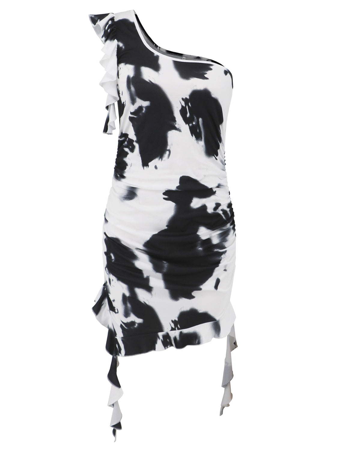 Vibrant ruffled tie-dye single shoulder mini dress, perfect for a trendy and playful look.