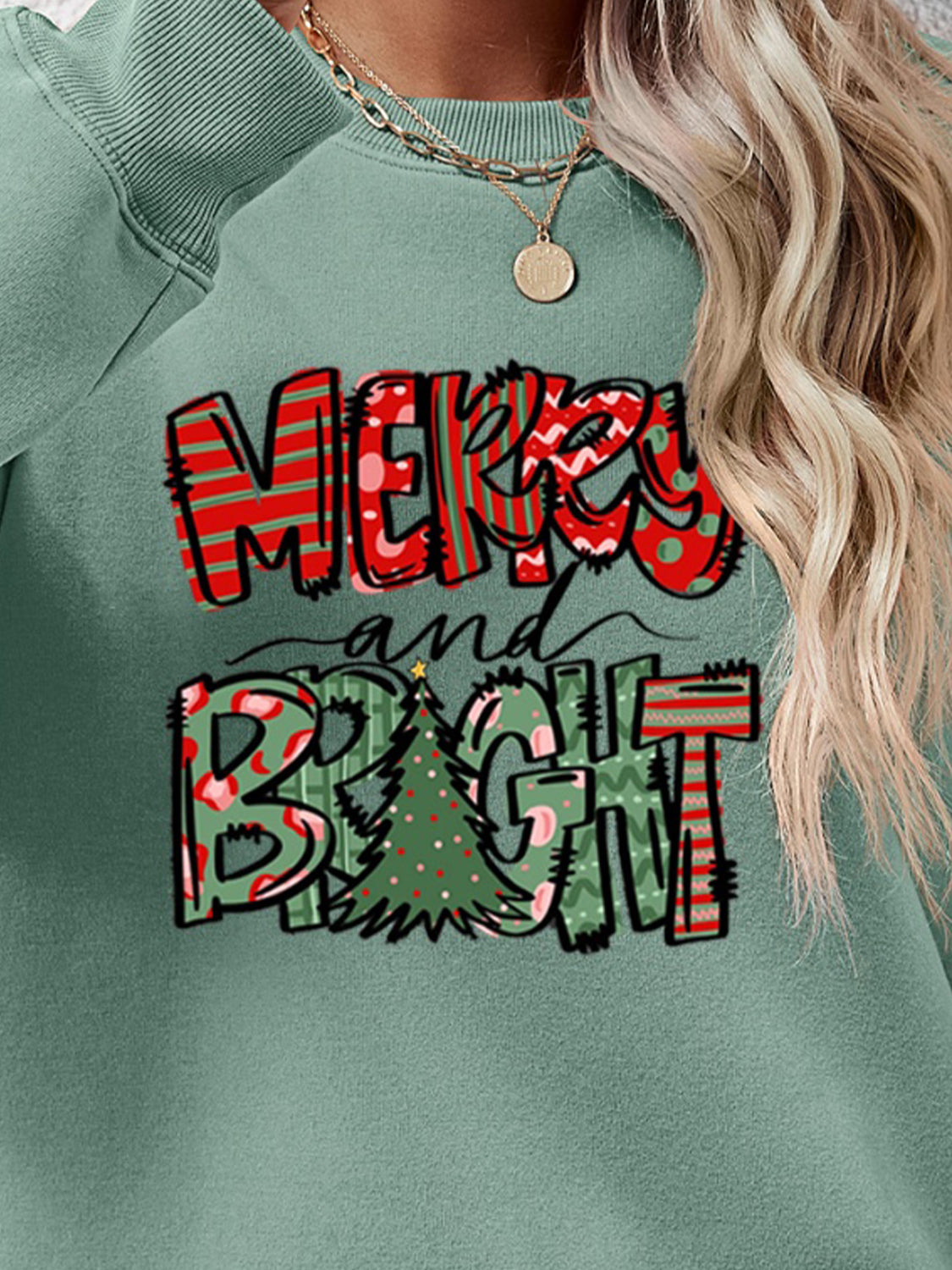 Festive ‘MERRY AND BRIGHT’ long sleeve sweatshirt, perfect for holiday cheer and cozy style.