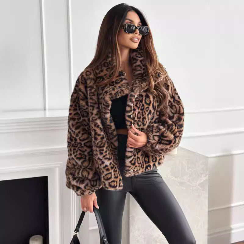 Autumn And Winter Fur Leopard Print Lapel Short Coat
