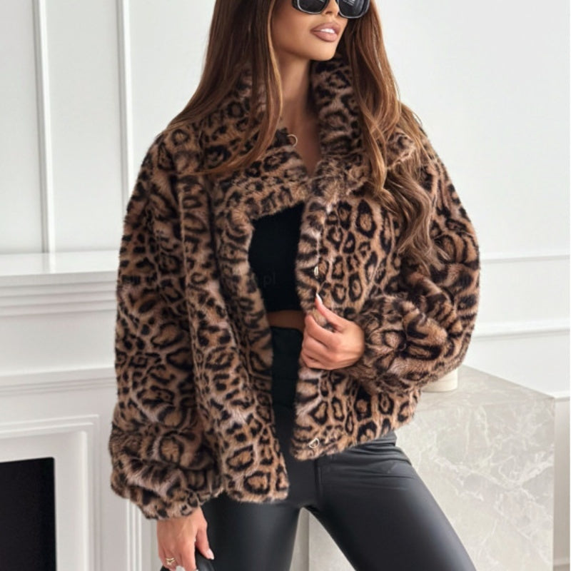 Autumn And Winter Fur Leopard Print Lapel Short Coat