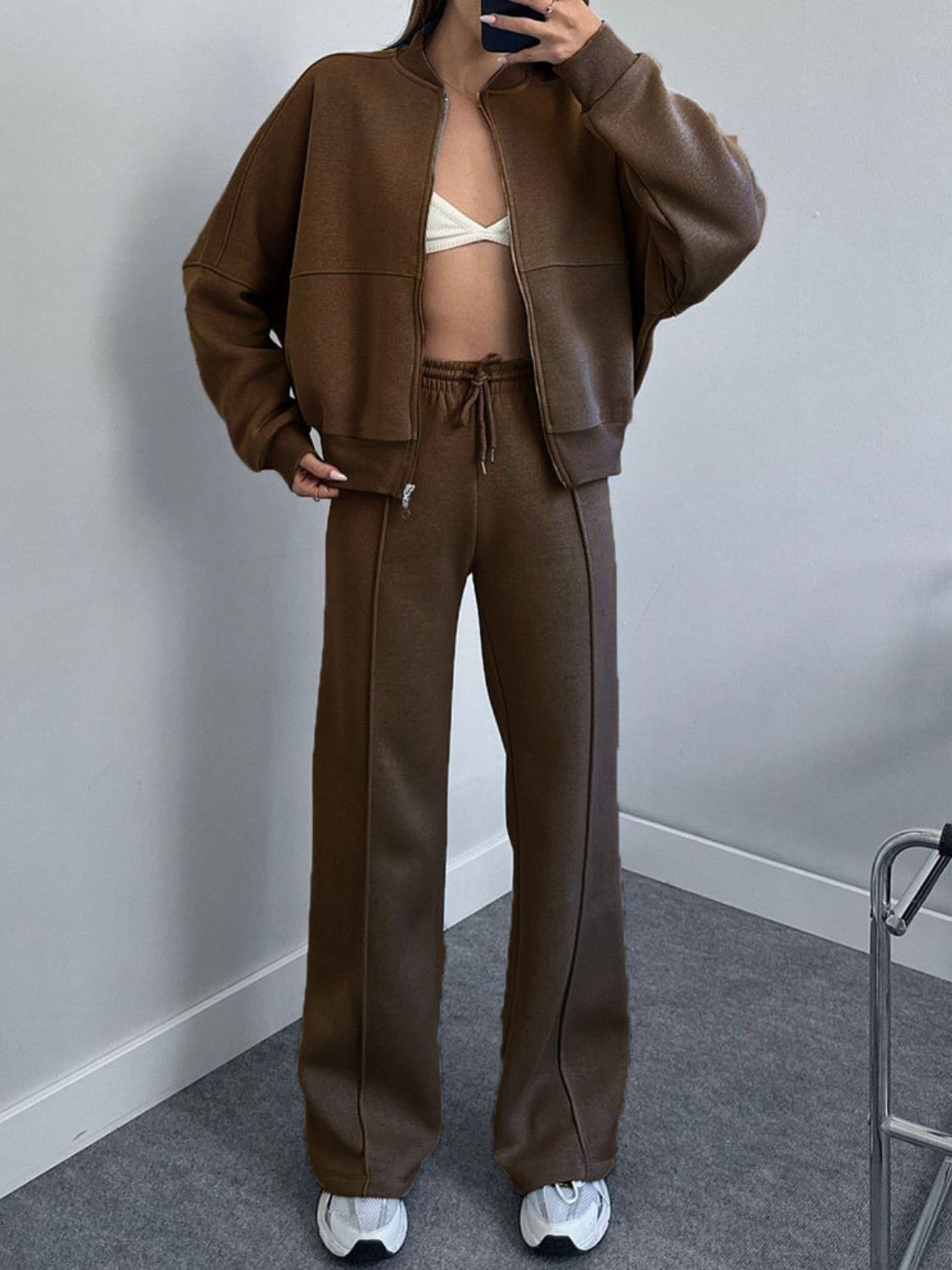 Baseball Collar Zip Up Top and Drawstring Pants Set