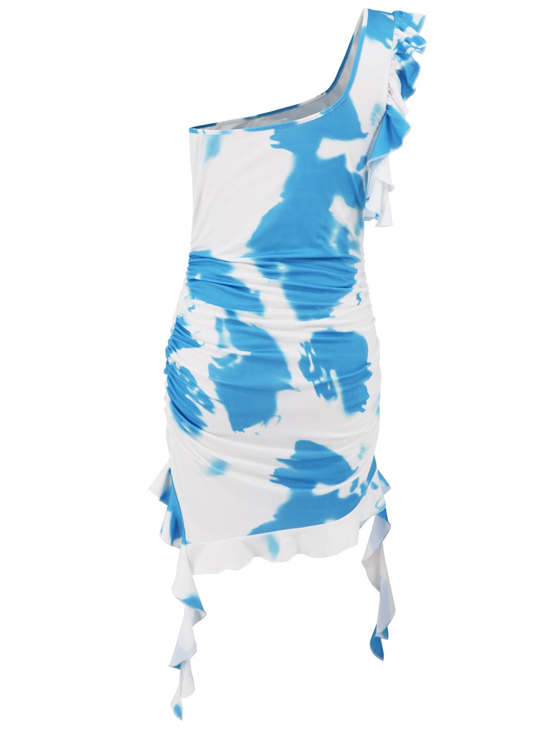 Vibrant ruffled tie-dye single shoulder mini dress, perfect for a trendy and playful look.