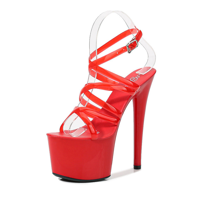 Summer 15cm 17cm 20cm Transparent PVC Strap Sandals Women High Heels Platform Shoes Woman Cross Strap Sandals