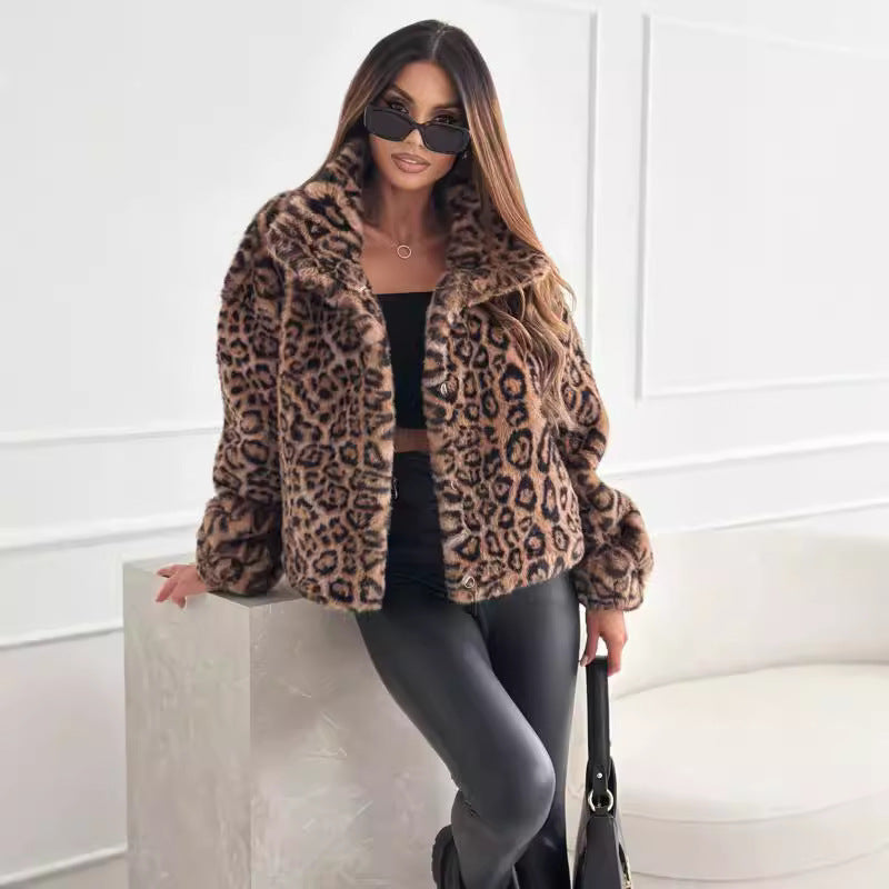 Autumn And Winter Fur Leopard Print Lapel Short Coat