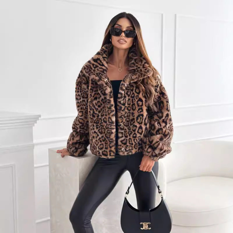Autumn And Winter Fur Leopard Print Lapel Short Coat