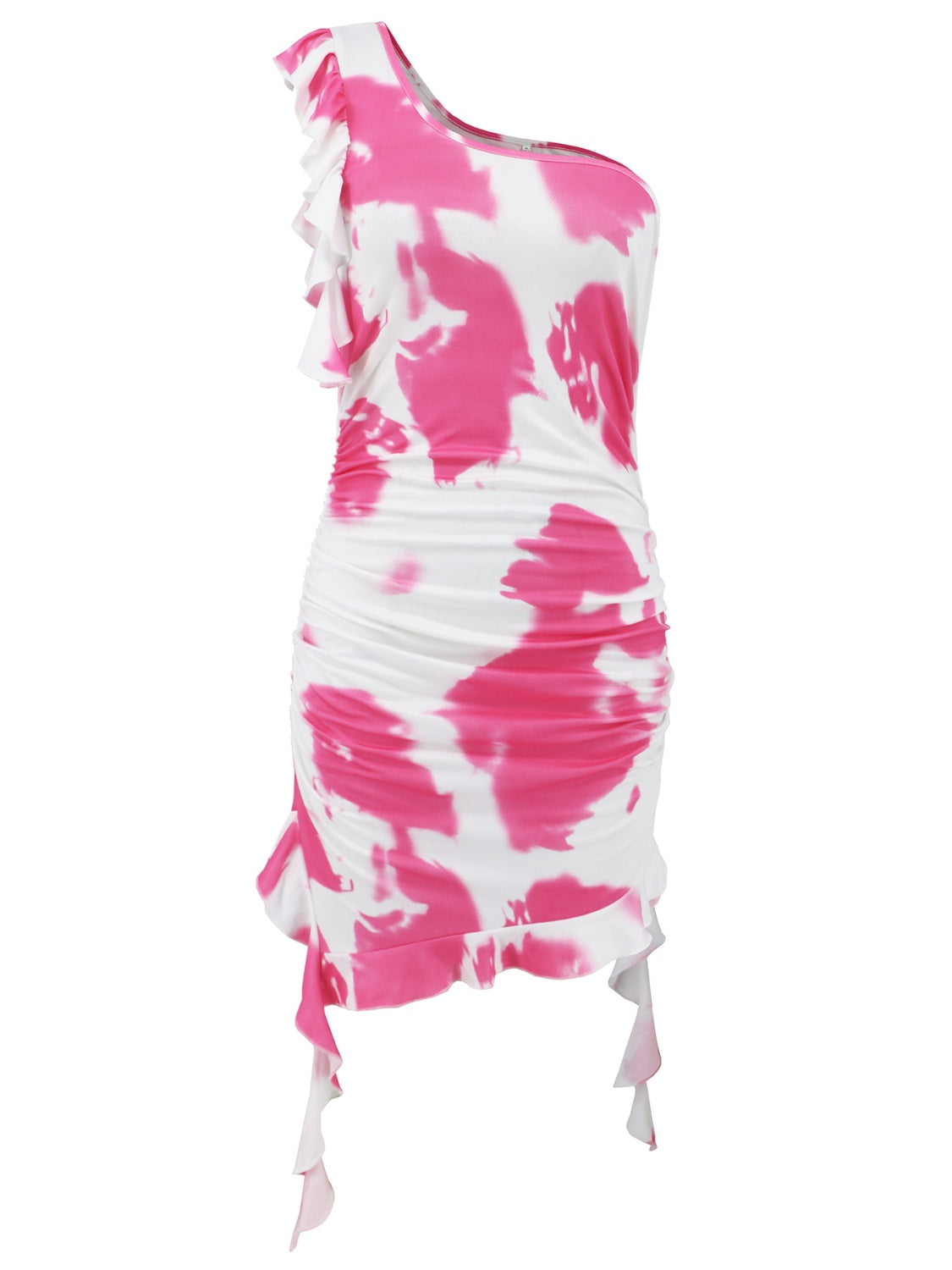 Vibrant ruffled tie-dye single shoulder mini dress, perfect for a trendy and playful look.