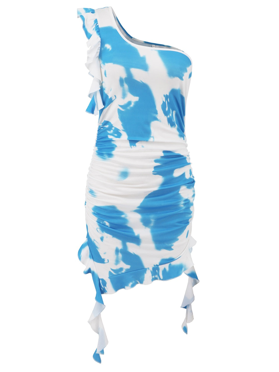Vibrant ruffled tie-dye single shoulder mini dress, perfect for a trendy and playful look.