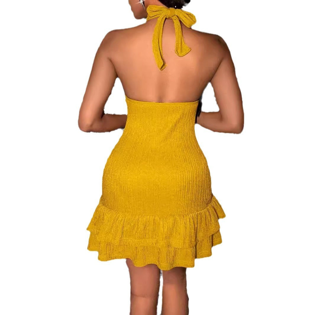 Halter Sexy Low-cut Slim Fit Solid Color Sheath Dress