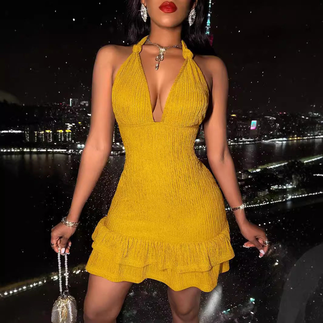 Halter Sexy Low-cut Slim Fit Solid Color Sheath Dress