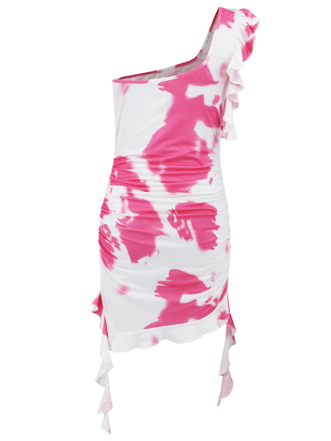 Vibrant ruffled tie-dye single shoulder mini dress, perfect for a trendy and playful look.