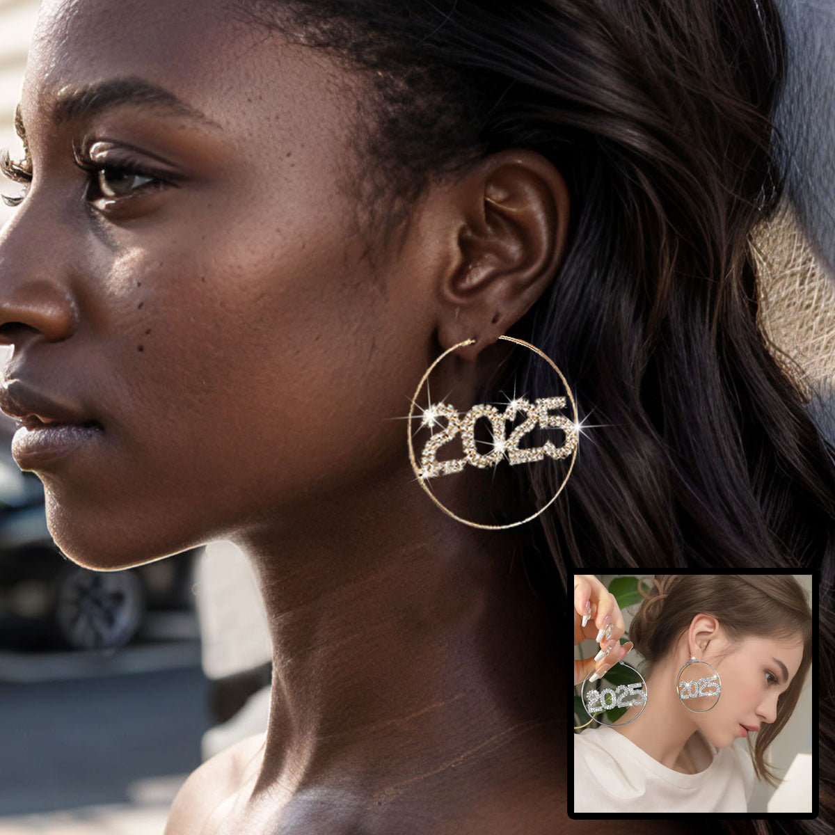 1 Pair 2025 Ring Earrings Fashion Full Rhinestone Digital Earrings Copper Material New Year Party Jewelry Accessories